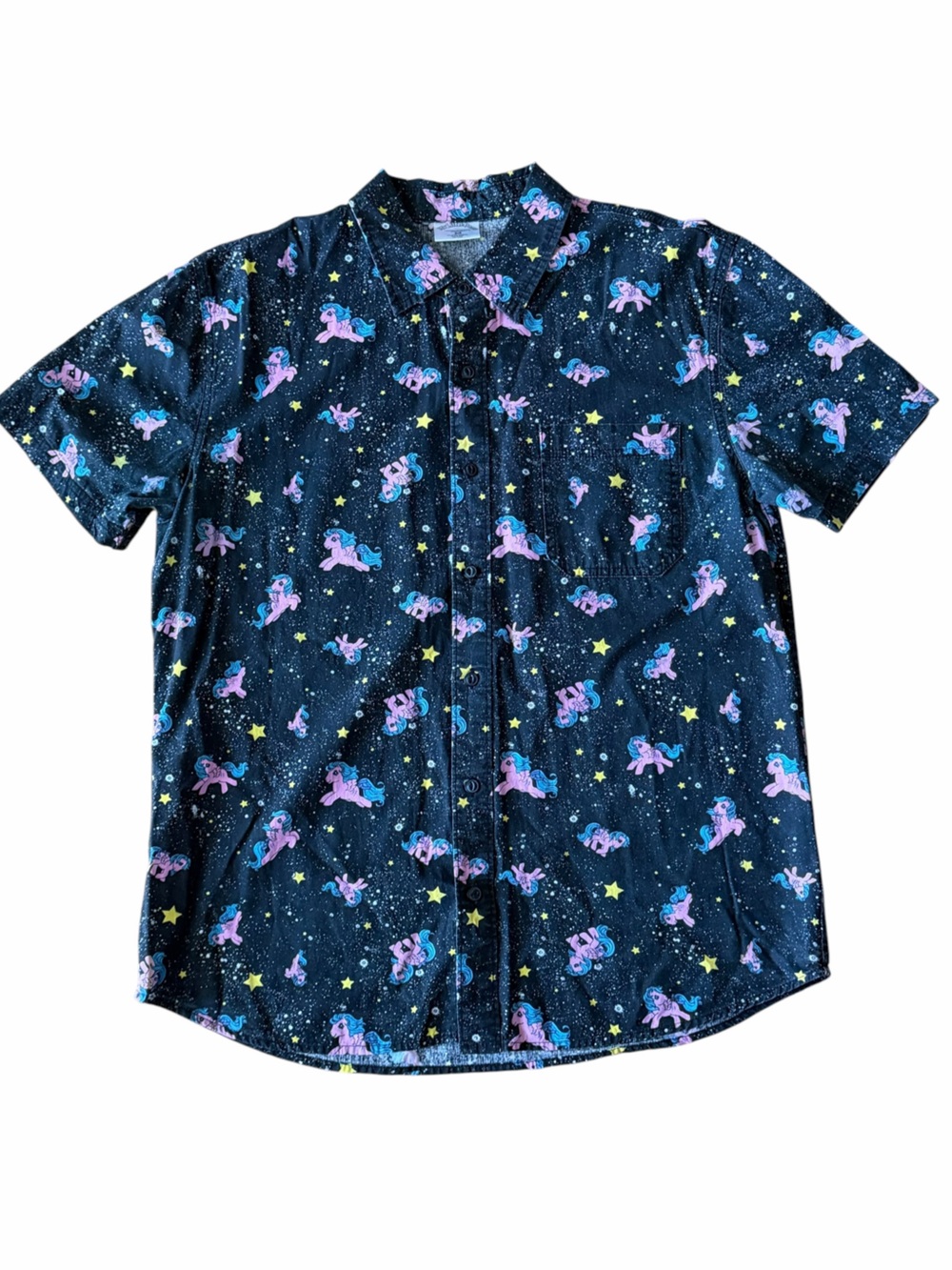 My Little Pony Black Galaxy Star Pegasus Print Short Sleeve Button Down Size M